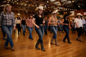 Line danceres in a hall